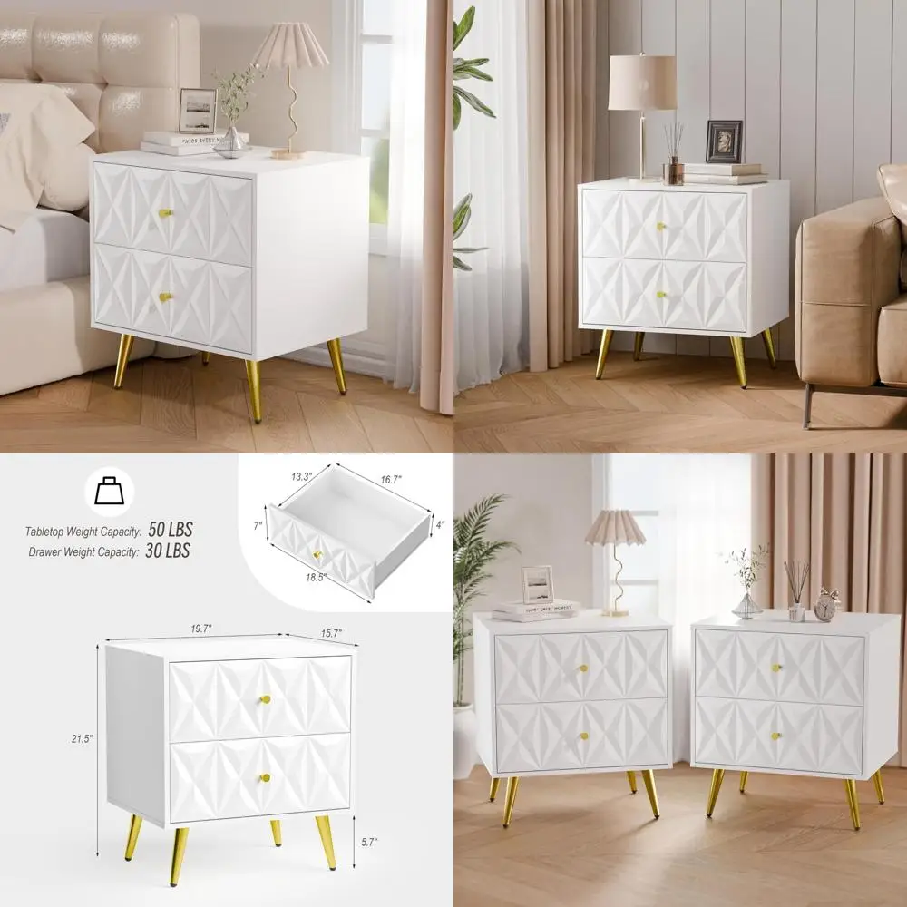 

Modern Glossy 2-Drawer Nightstand, Wide Embossed Bedside Table for Bedroom, Contemporary Storage Side Table with End Table Funct