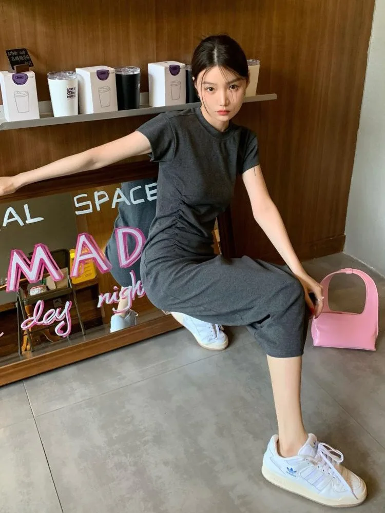 Dames Europese stijl afslankende T-shirtjurk Chique Ronde hals Bodycon Korte mouw Halverwege de kuit X-vorm Lente Zomer Veelzijdig