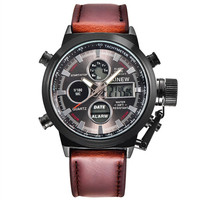 Brand Chronograph Business Watch For Men Fashion Leather Band Alarm Stopwatch Multi-function Movement Electronic Clock Black
