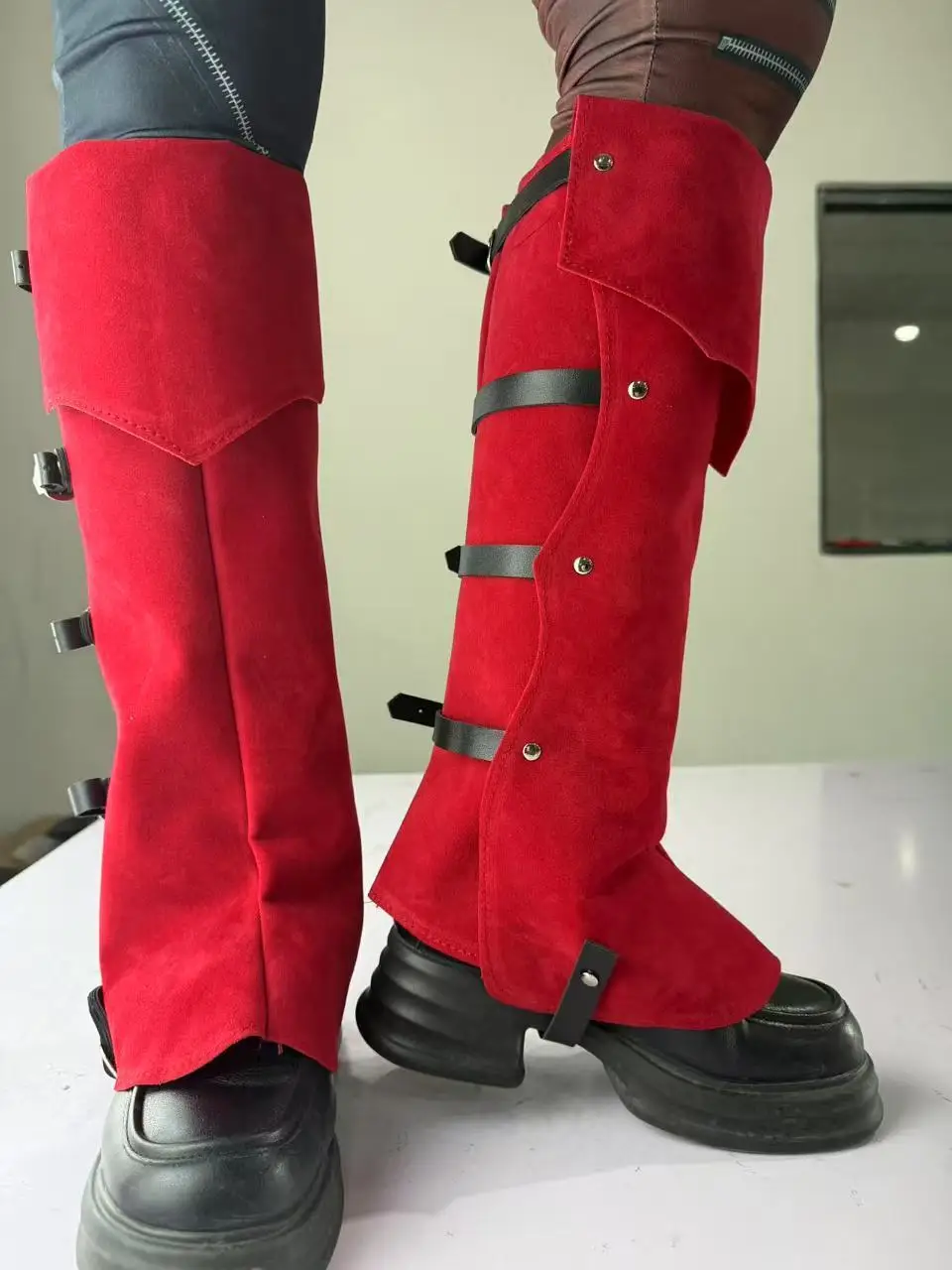 Medieval Renaissance Pirate Viking Boot Covers Red Faux Suede Leg Gaiters with Black Buckle Straps Halloween Leg for Women