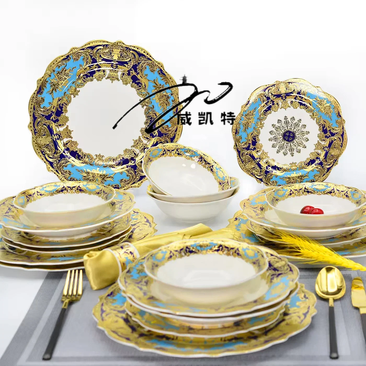 Quick shipping colorful festival golden bone china flower shape special 24pcs top sale plates and bowls set dinnerware sets