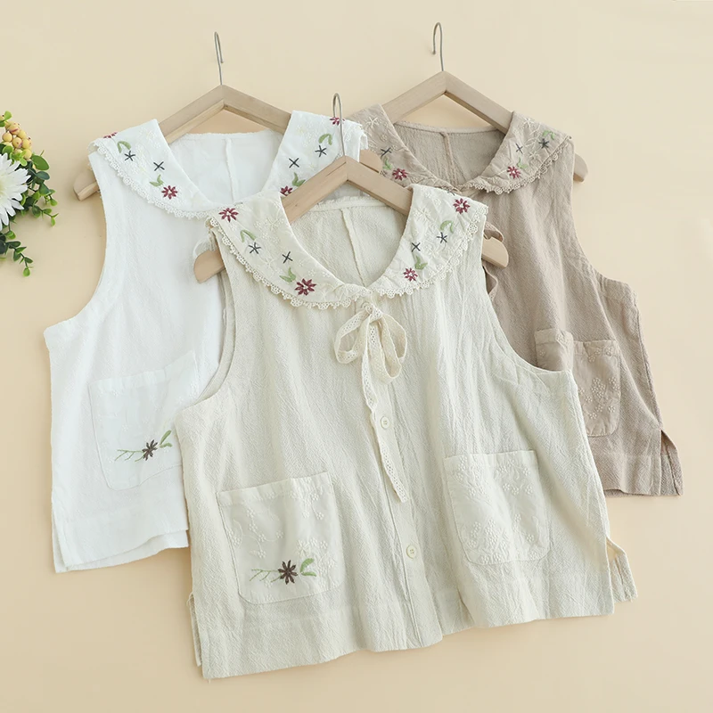 

Sweet Mori Girl Vintage Embroidery Pockets Cotton Tank Tops Women Y2K Cute Kawaii Sailor Collar Sleeveless Casual Loose Vest Top