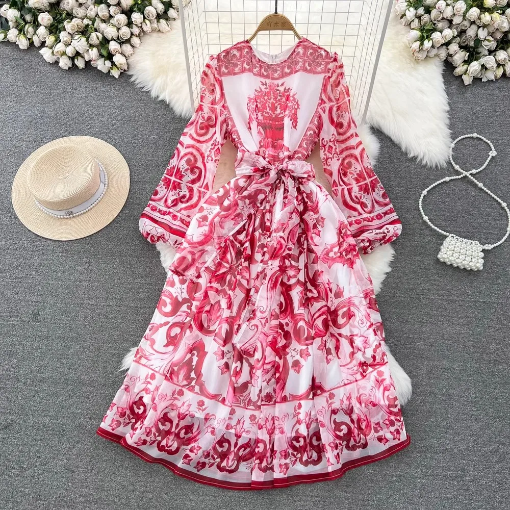 

High Quality Summer Fashion Runway Chiffon Dress Women Long Sleeve Red Blue And White Porcelain Print Belt Lace Up Midi Vestidos