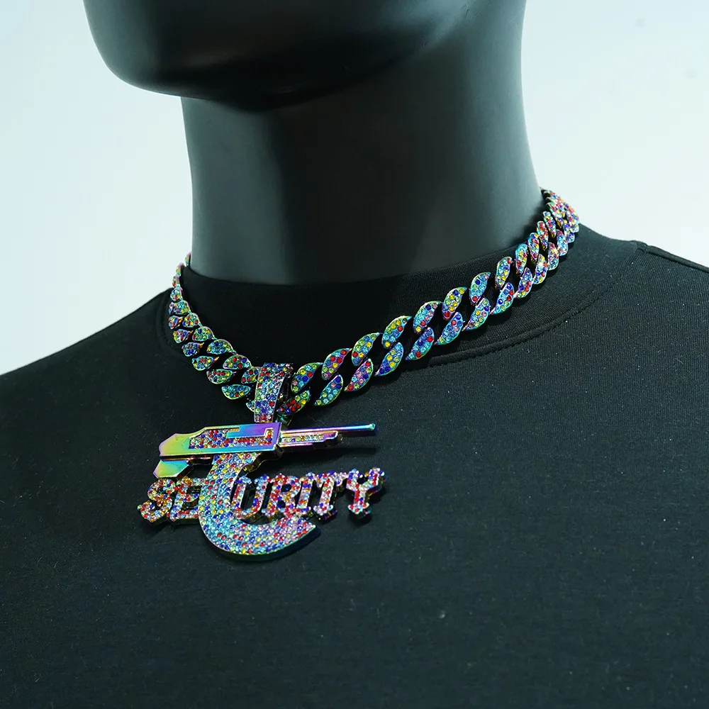 Multicolor Sniper Rifle & SEURITY Letter Pendant on Cuban Chain Necklace, Hip Hop Men's Jewelry