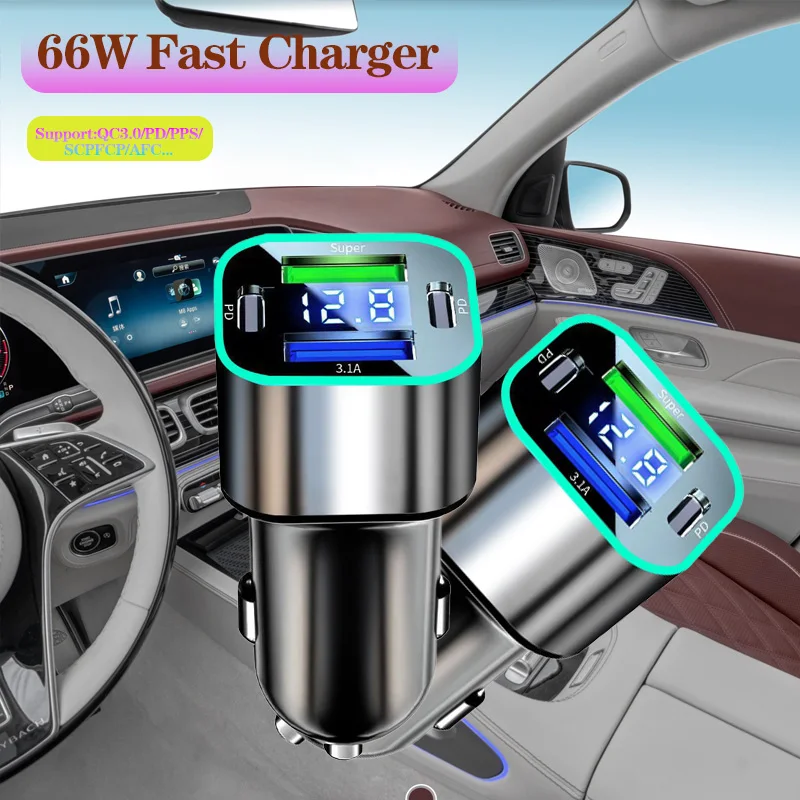 

66W 2Port USB Digital Real-time Voltage car charger QC3.0 PD30Wcar Super Fast charger for Phones Car cigarette lighter adapter