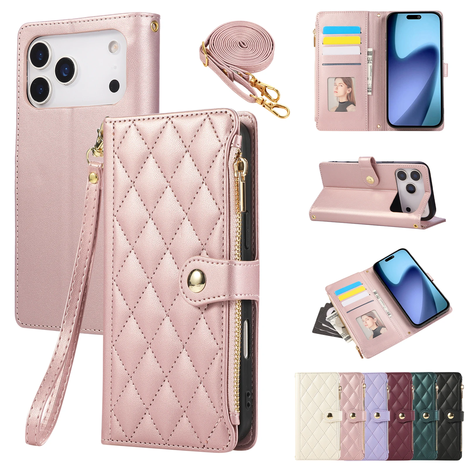 

Кожаный чехол Business Zipper Cards Solt Wallet для iPhone 17 Pro Max 16 Plus 15 Plus 14 13 12 11 с длинным ремешком, обложка для книги