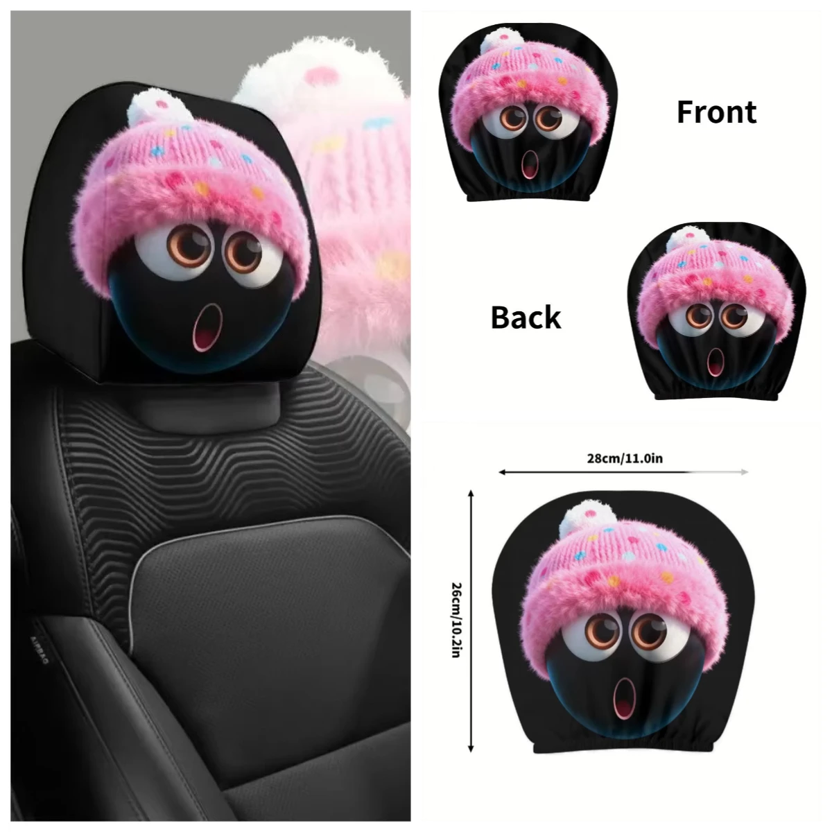 Winter-Kopfstützenbezug im limitierten Auflage im niedlichen Cartoon-Stil mit Überraschungsausdruck, rosa Plüschmütze, Auto-Kopfstützenbezug, 2-teilig, Neujahrsgeschenk
