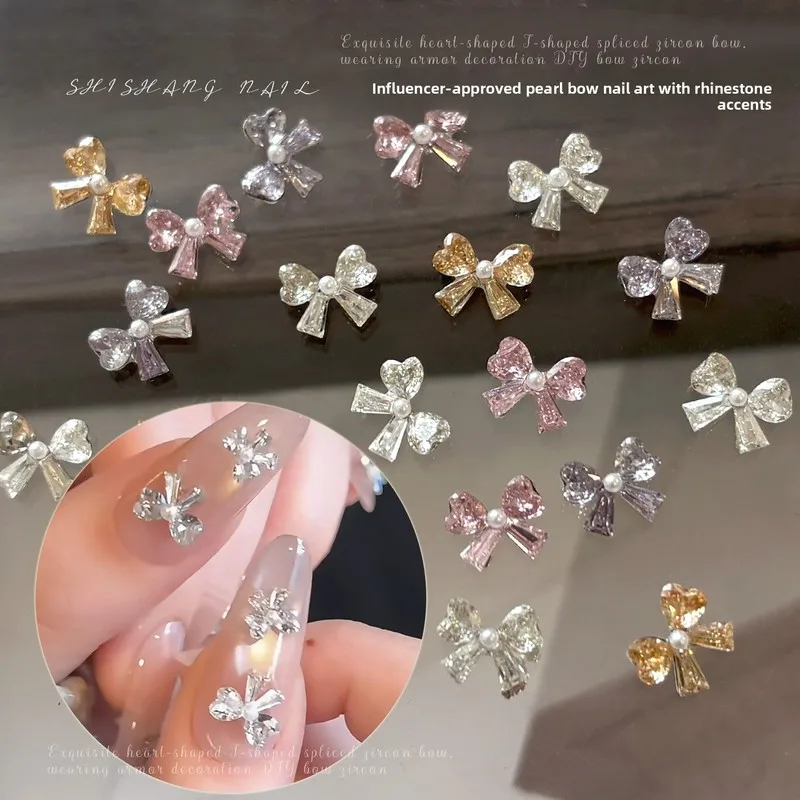 5pcs Mini Premium Super Shiny Bowknot Zircon Nail Charms 3D Finished Pearl Bow Tie DIY Press On Nail Diamonds Bulk Wholesale
