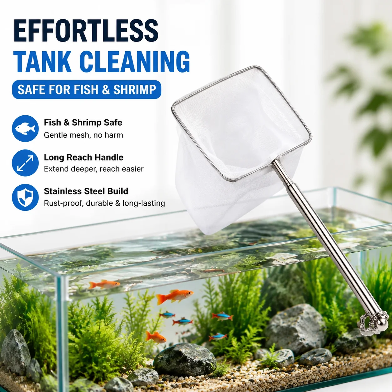 Square Aquarium Fish Net with Suction Cup, Long Extendable Handle, Stainless Steel, Safe for Fish and Shrimp Tank Cleaning
