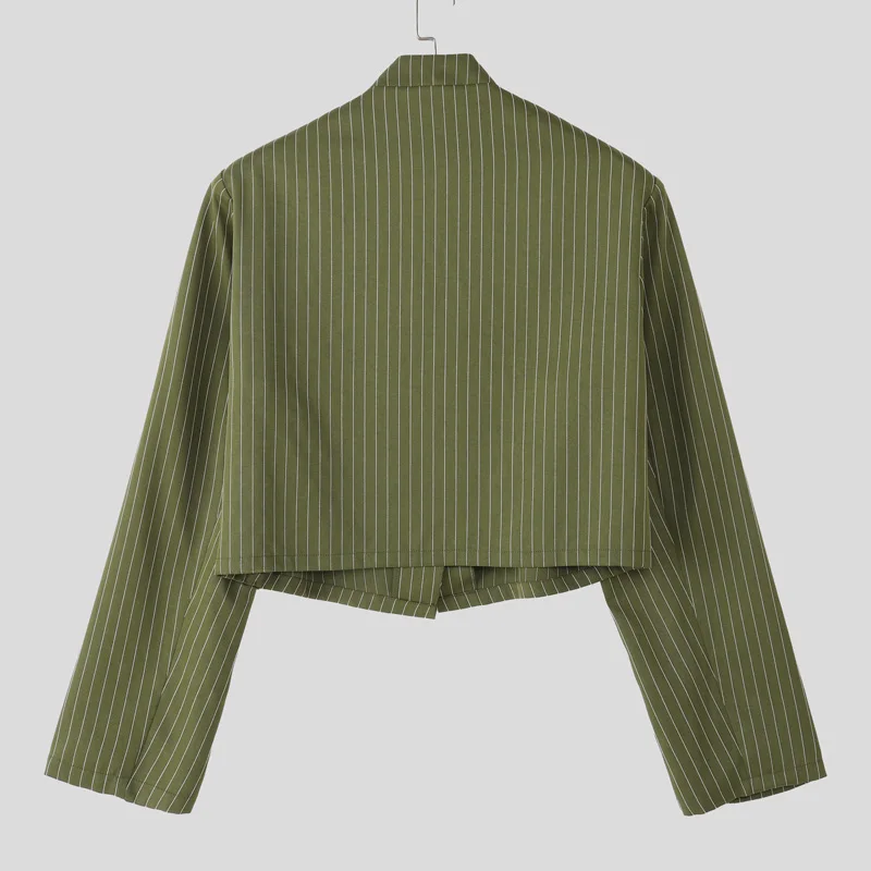 INCERUN الرجال سترة مخططة الوقوف طوق كم طويل الدانتيل يصل عادية رقيقة المحاصيل معاطف الرجال الشارع الشهير 2025 موضة الذكور دعوى S-3XL