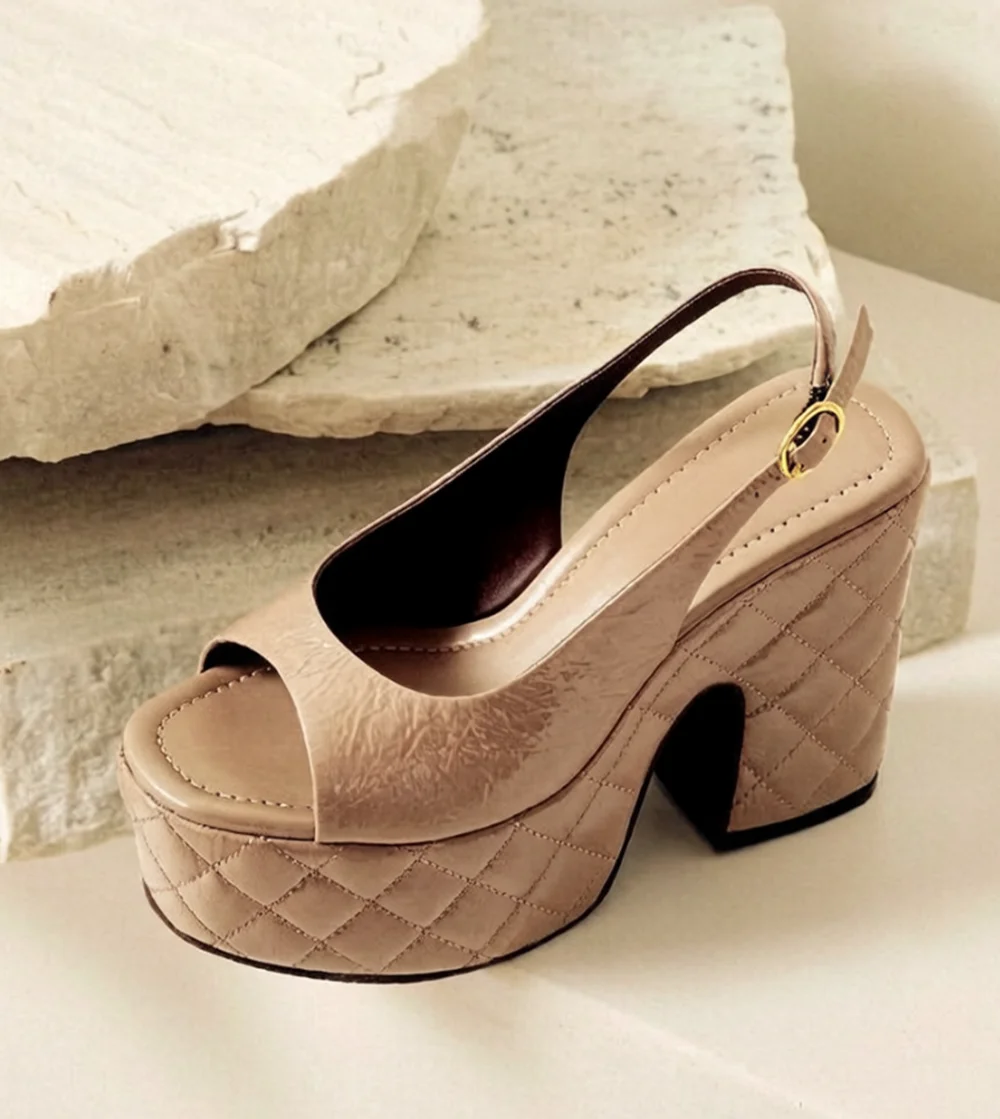 Retro Style Open Peep-Toe Platform Slingback Sandals Adjustable Buckle Back Strap Patent Leather Upper Casual Daily Wear