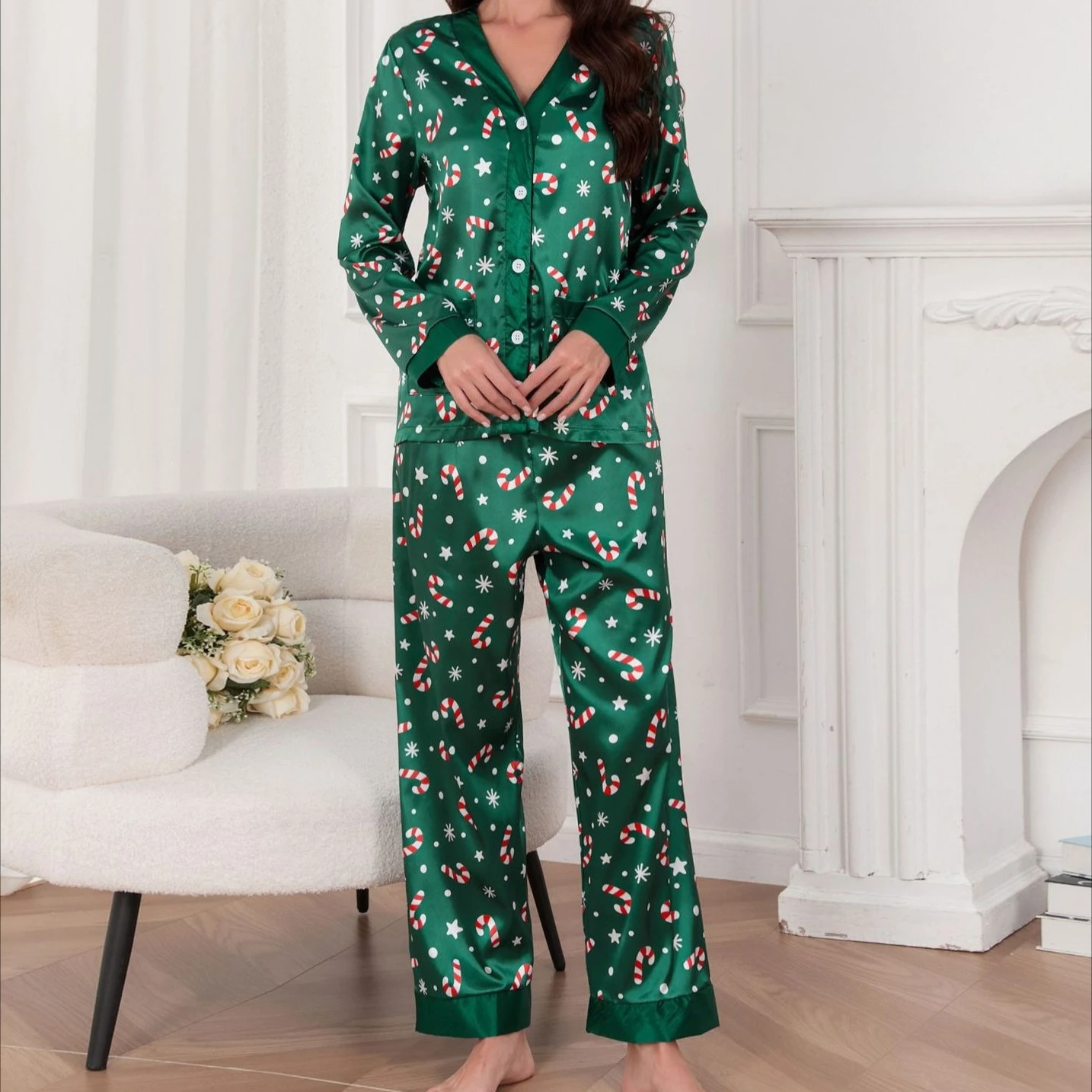 Holiday Print Long Sleeve Button Up Pajama Set In Festive Green With Candy Cane Motifs For Winter Cozy Nights And Sleep
