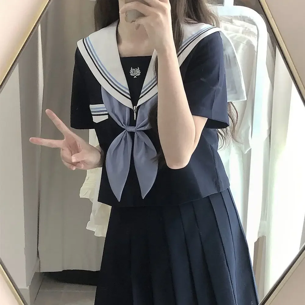 Uniforme de marin japonais et coréen JK imbibé bleu foncé, uniforme d'étudiant à manches longues et courtes imbibé, fournitures scolaires japonaises