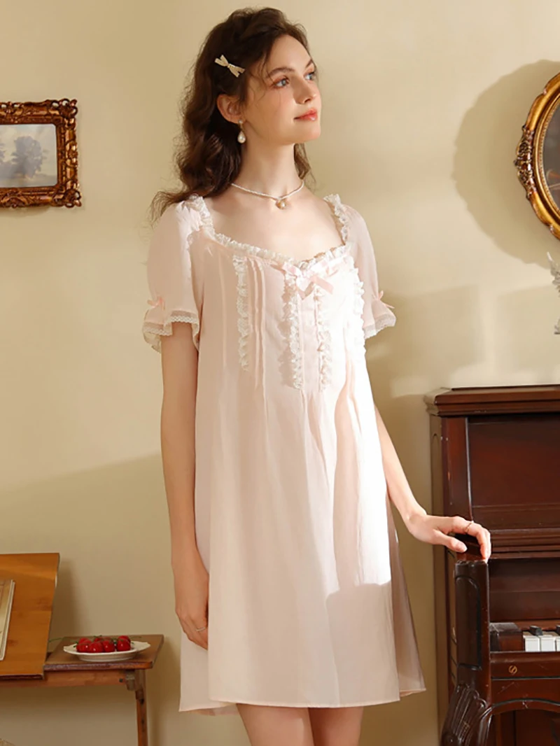 Women Victorian Nightgowns Cotton Sleeping Night Dress Short Sleeve Summer French Vintage Princess Lace Sweet Home Sleepwear