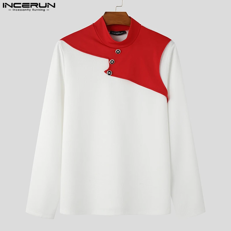

INCERUN Men T Shirt Patchwork Turtleneck Long Sleeve Men Clothing Streetwear Fashion Casual Male Tee Tops 2025 Camisetas