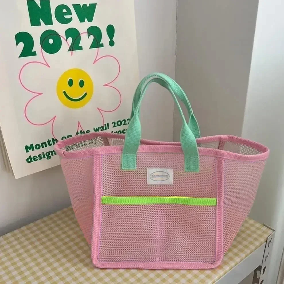 Pink Green Contrast Beach Bag Children\'s Toy Mesh Portable Storage Bag Outdoor Travel Swimming Toiletry Storage Bag Organizer