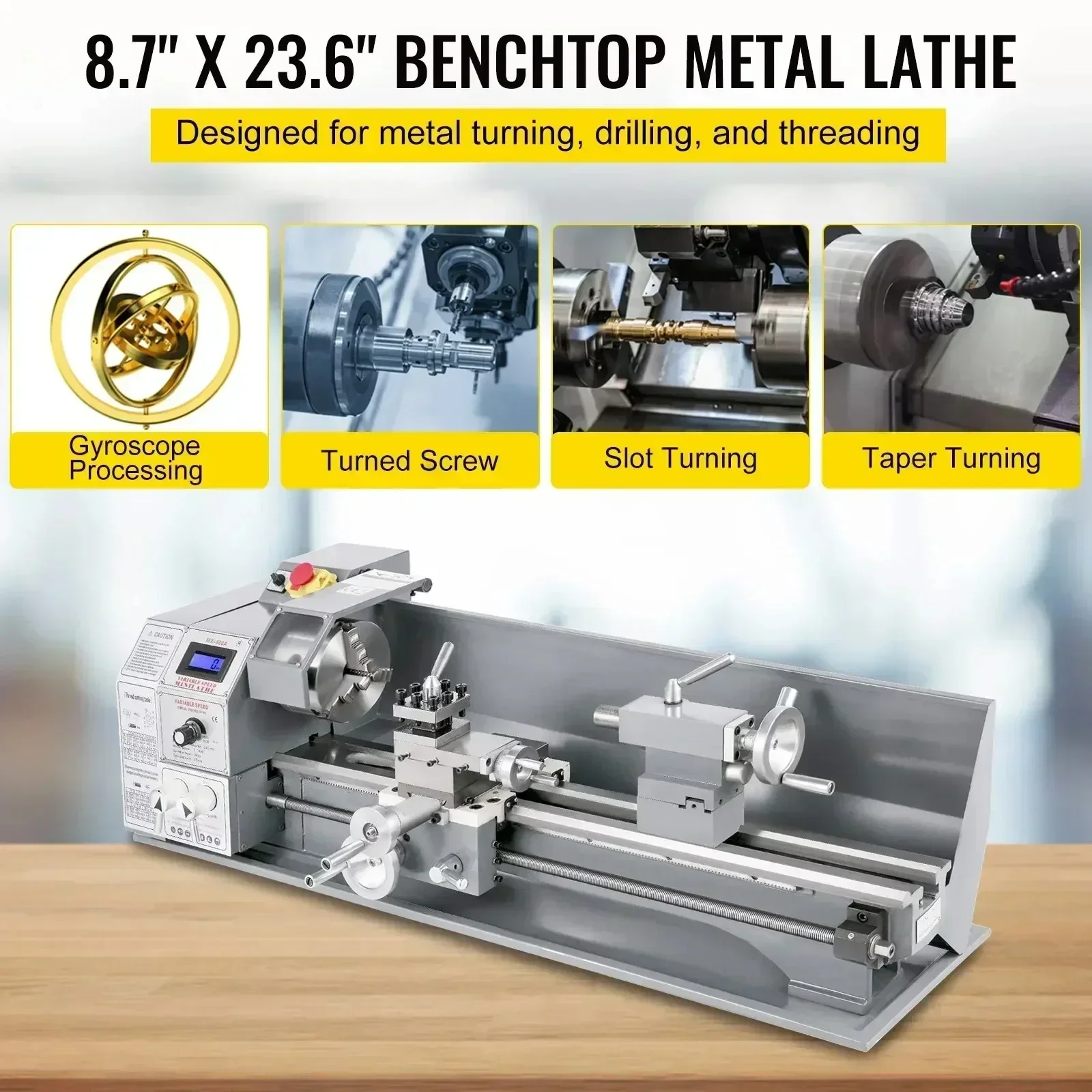 VEVOR 1100w Mini Metal Lathe Metal Mini Lathe 220x600 mm 38mm Spindle 3-Jaw Chuck Blushless Motor Led Machine Drilling Threading