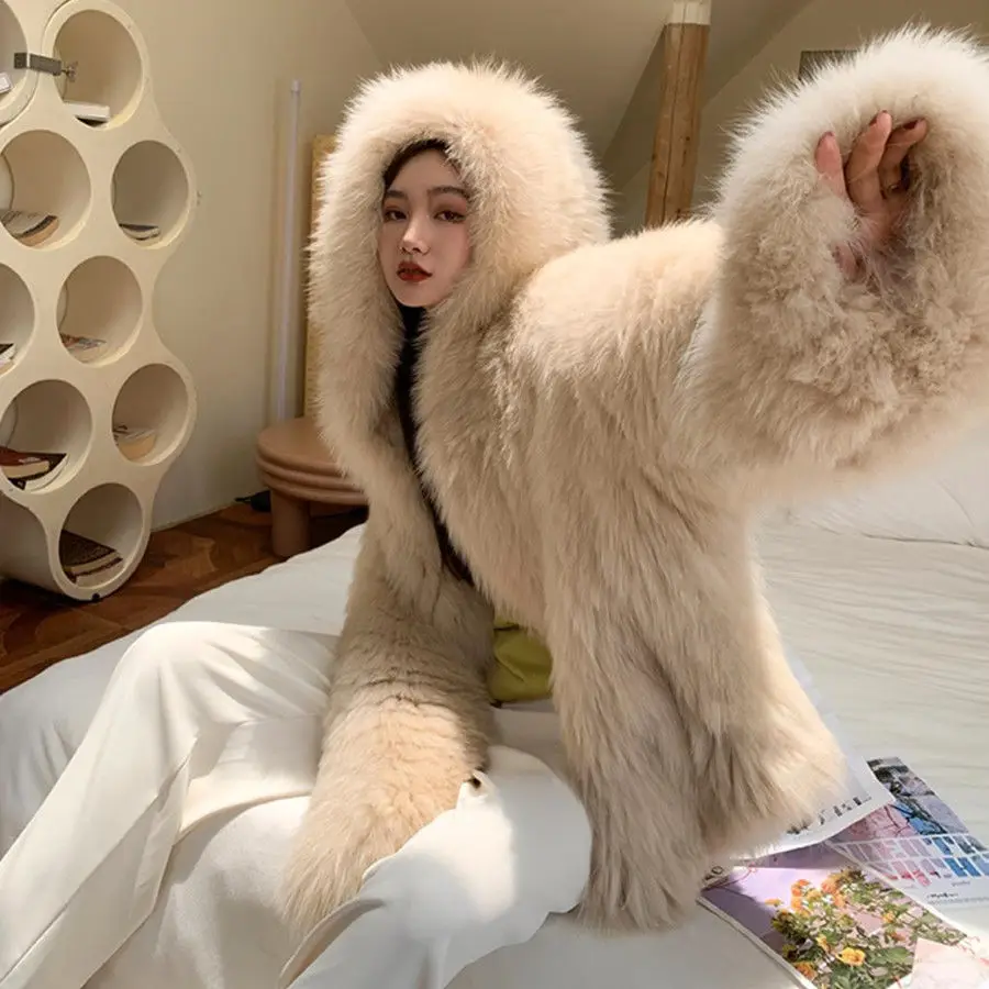 

KIDCRKJ Winter Women Eco Fur Coat Pure Color Fur Trim Hood Furry Mink Fur Jacket For Lady Slouchy Female Imitation Fur Outwear