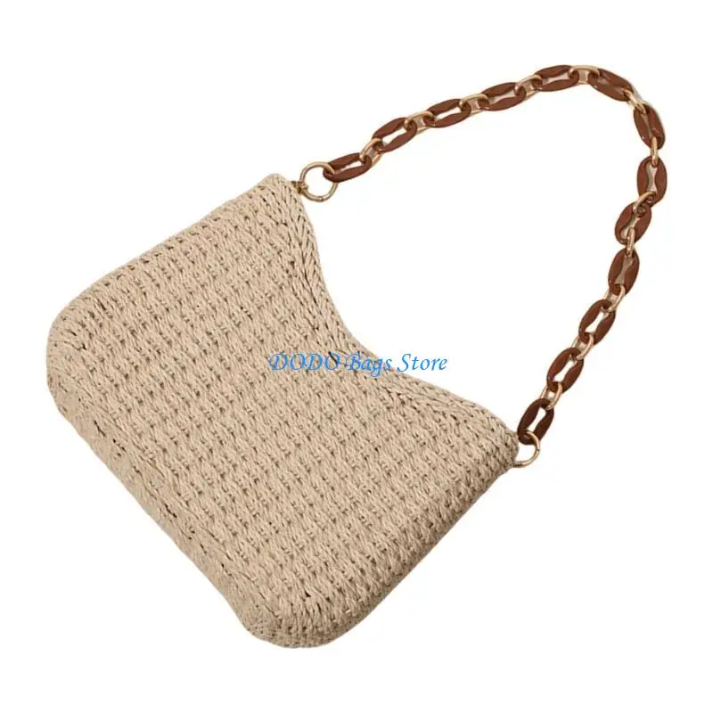 

E8FB Woven Handbag Vacation Underarm Purse Bucket Shoulder Bag for Travel and Leisure