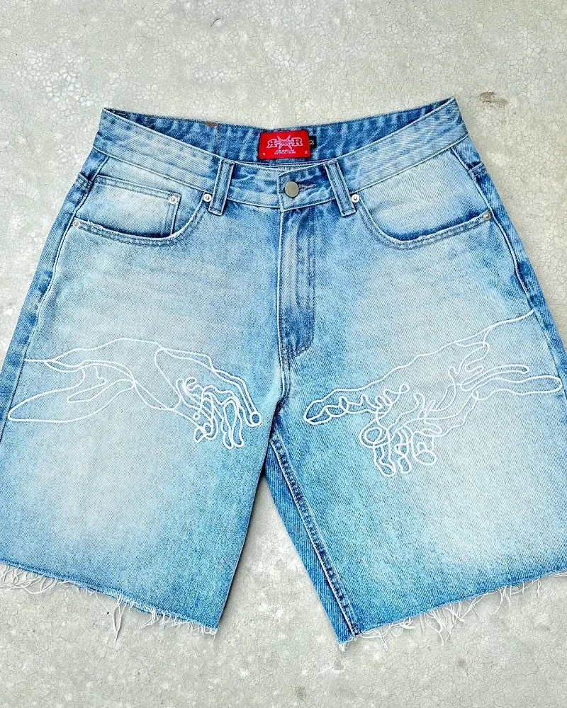 

Summer retro embroidered washed letter oversized jeans men's Y2K clothing brand fashionable loose zipper high waisted shorts