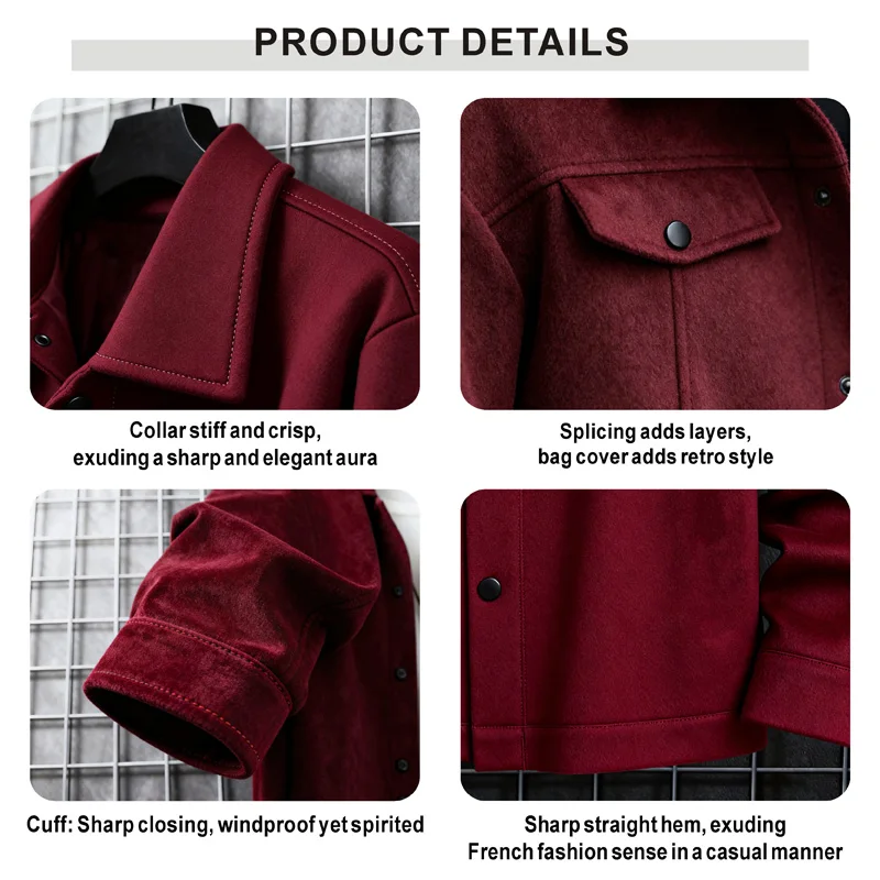 سترة قصيرة من الصوف بياقة الخريف والشتاء للرجال، سترة كاجوال للأعمال، غطاء جيب على الصدر، ملابس خارجية عصرية مزخرفة