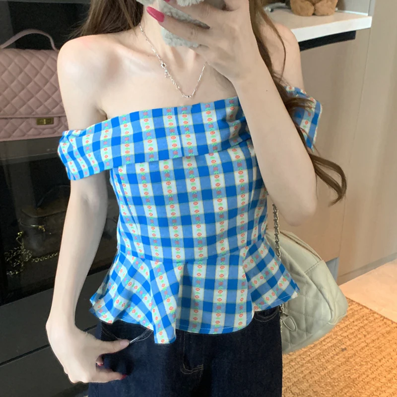 

Blue Plaid Floral Off-shoulder Shirt Women's Summer Holiday Spicy Sweet Chic Top