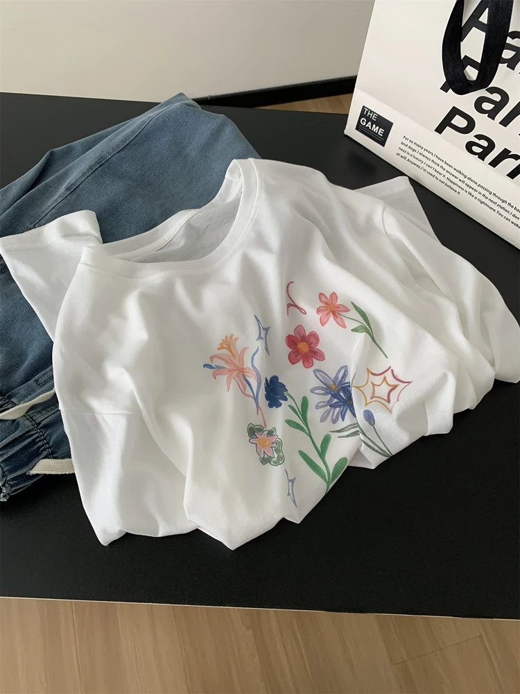 White Flower Printed Sunscreen Top Women's Lightweight Breathable Round Neck Long Sleeve T-shirt Autumn New Loose Pullover
