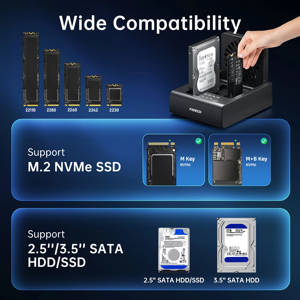 FIDECO 2/3 Bay Hard Drive Docking Station for M.2 NVMe SSD and 2.5