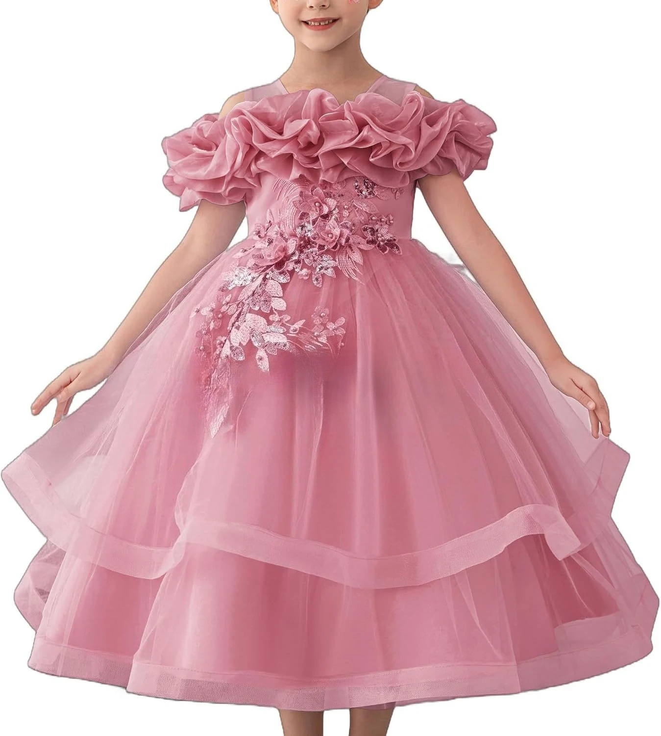 Girls' Special Occasion Dresses with Cloud Shoulder Design Mid-Length Easter Dress for Girls