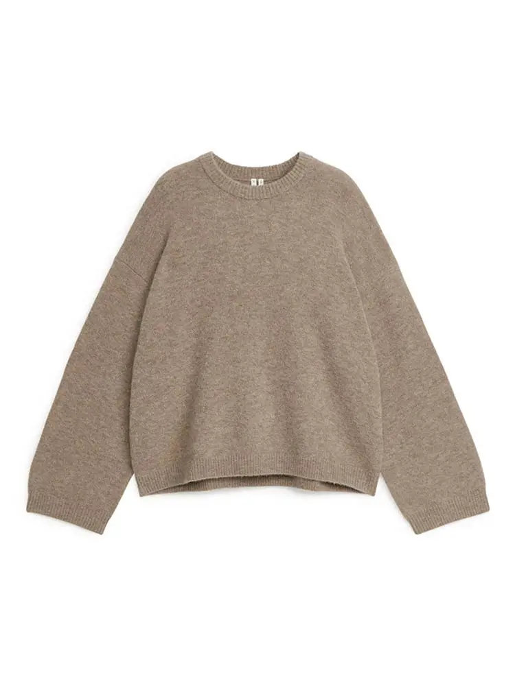 Elegant Solid Wool Blends Round Neck Pullover Women Casual Long Sleeves Loose Warm Sweater Autumn New Lady Commute Streetwear ﻿