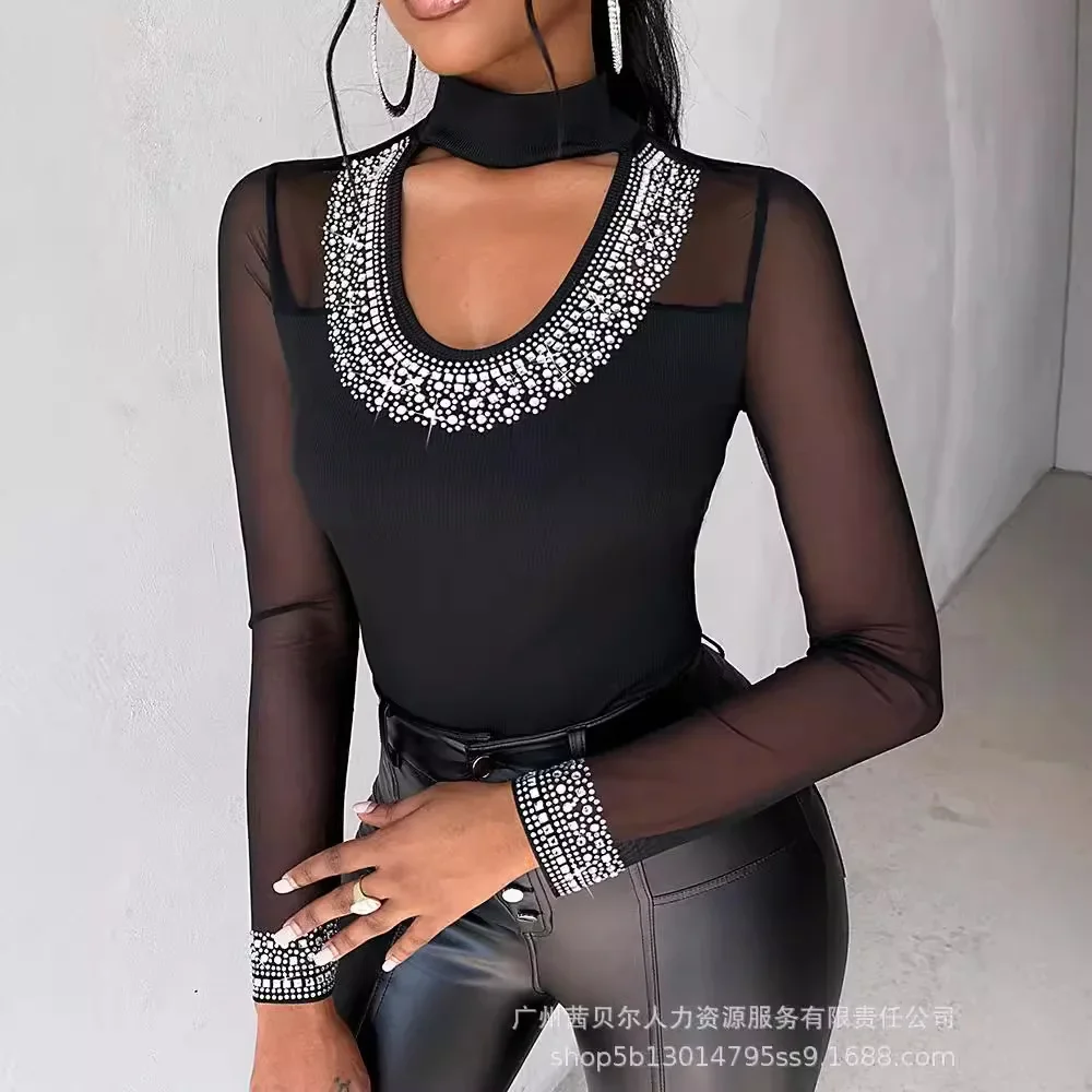 New Black See-through Mesh Patchwork Hot Drilling Long-Sleeved Halter Neck T Shirt Top Blouse