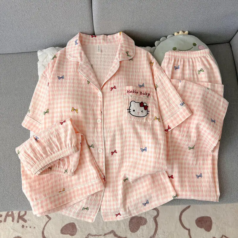 Hello Kitty Women's Pajamas Three-Piece Short-Sleeved Suit with Chest Pad Shorts Comfortable Home Clothes Can Be Worn Outside view 3
