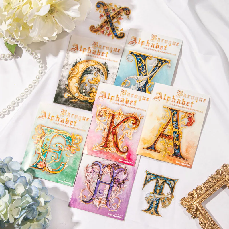 Yoofun 26pcs Baroque Alphabet Art  PET Sticker Vintage Letter Material Collage Creative DIY Journal Stationery Stickers