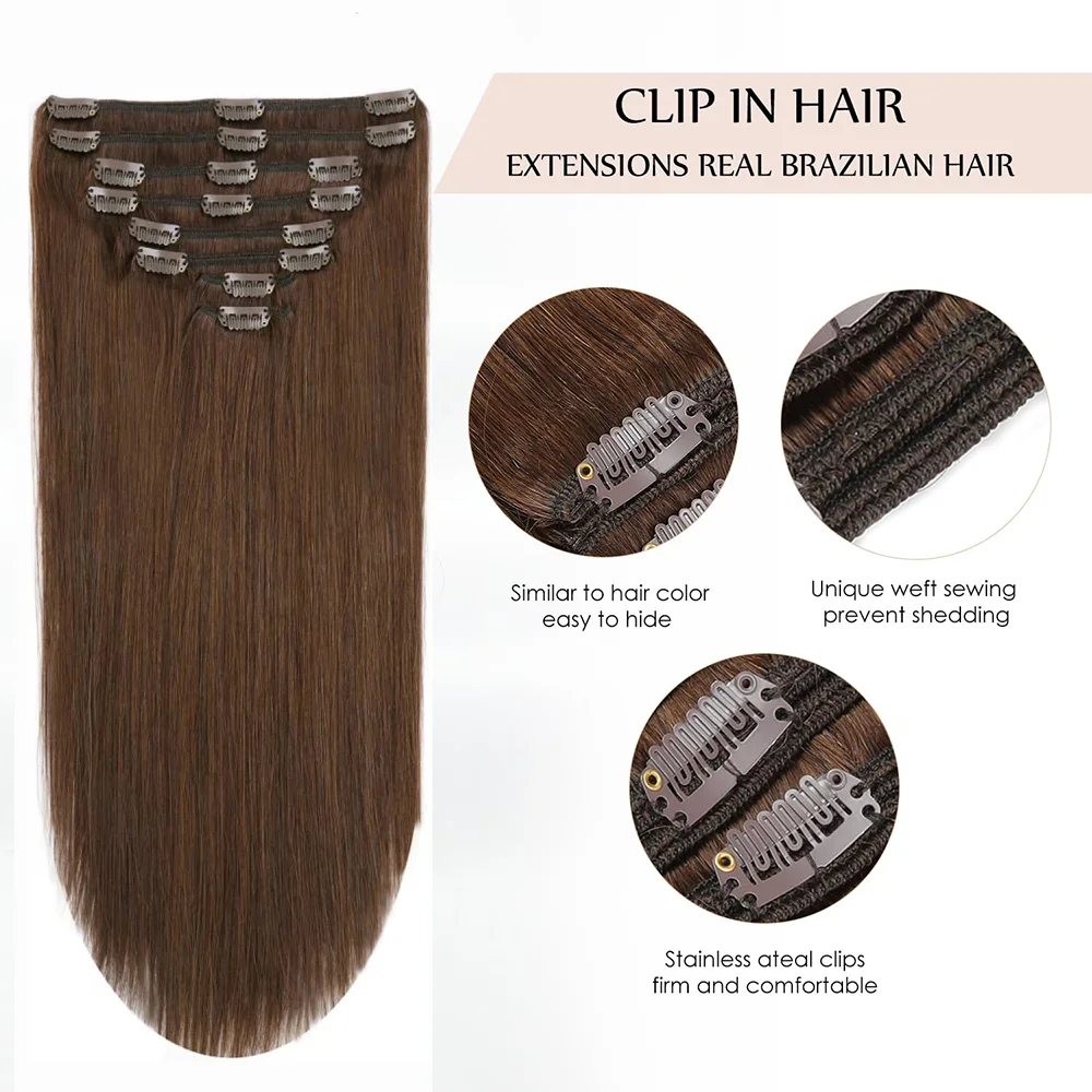 Clip in Hair Extensions Chocolate Brown Color #4 Straight Clip in Hair Extensions Brazilian Real Human Hair 8Pcs 120G For Womon