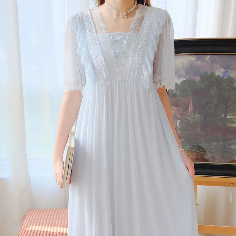 

Summer Women Mesh Long Night Dress Fairy Modal Square Collar Nightdress Sweet Nightgown Romantic Princess Sleepwear Nightwear