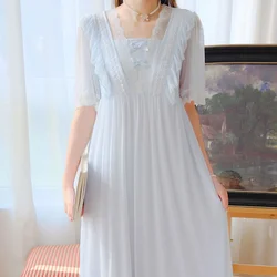 Summer Women Mesh Long Night Dress Fairy Modal Square Collar Nightdress Sweet Nightgown Romantic Princess Sleepwear Nightwear