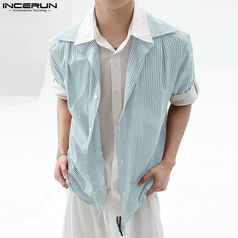 

INCERUN Мужская рубашка в полоску в стиле пэчворк с лацканами и короткими рукавами, уличная одежда, свободные мужские рубашки в корейском стиле 2025 года, модная мужская одежда