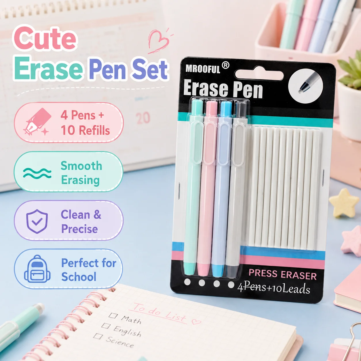 Eraser Pen Set Creative Pen Shape Press Type Pencil Eraser with Replaceable Core Sketching Painting Writing Erase Supplies