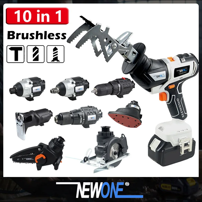 NEWONE 10 in 1 Brushless Multifunctional Tools Impact Drill Cordless DIY Reciprocating Saw Sander Chainsaw Power Fit Makita