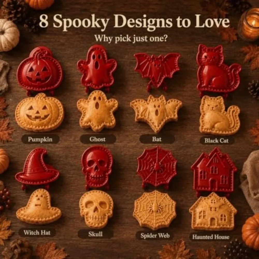 8 Shapes Halloween Mini Pie Molds Set Fall Themed Easy Release Design Baking Supplies Set Non-Stick Coating Pie Crust Stamp