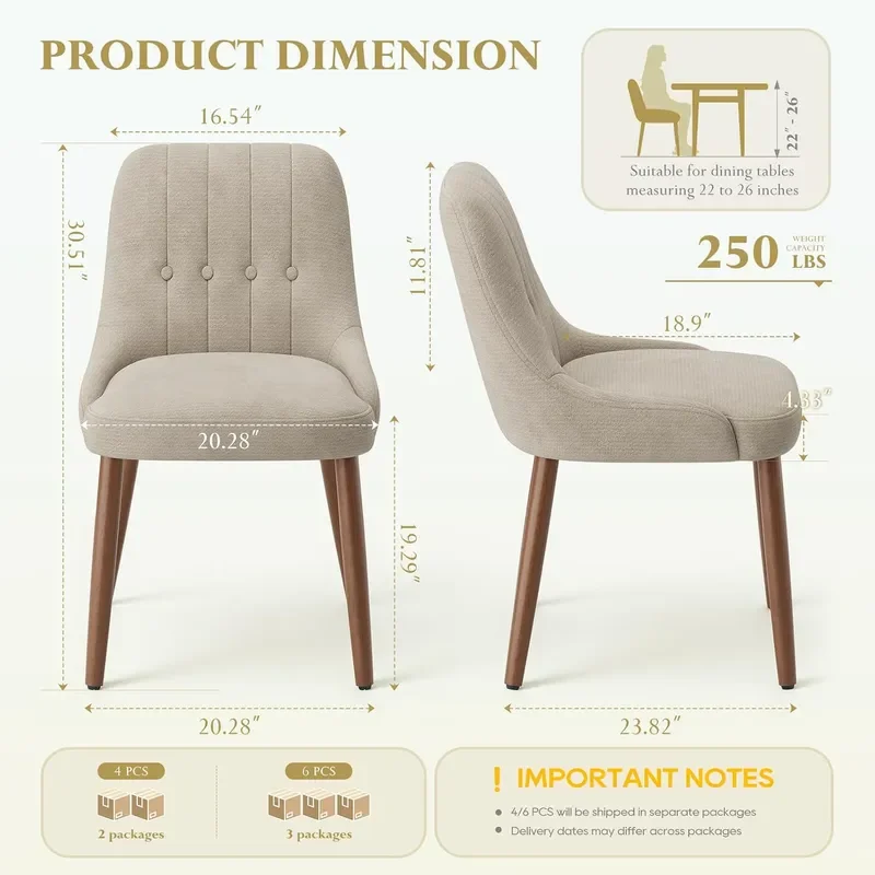 Dining Chairs Set of 6 Upholstered Fabric Kitchen Chairs with Tufted Button Backrest Modern Dining Room Chairs with Solid