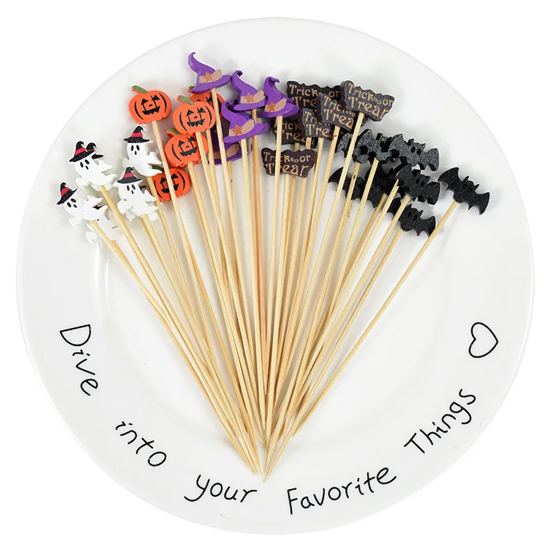 50/100Pcs Halloween Pumpkin Skewers Bamboo Picks Fruit Forks Buffet Dessert Toothpicks Ghost Bat Halloween Party Decoration