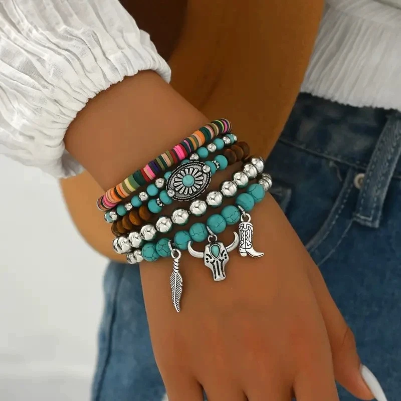 5pcs Multi Layer Combination Jewelry Bohemian Bullhead High Heels Wooden Stone Beads Bracelets For Women
