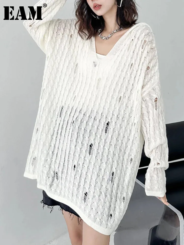 [EAM] White Hollow Out Big Size Knitting Sweater Hooded Long Sleeve Women Pullovers New Fashion  Spring Autumn 2024 1DH7160