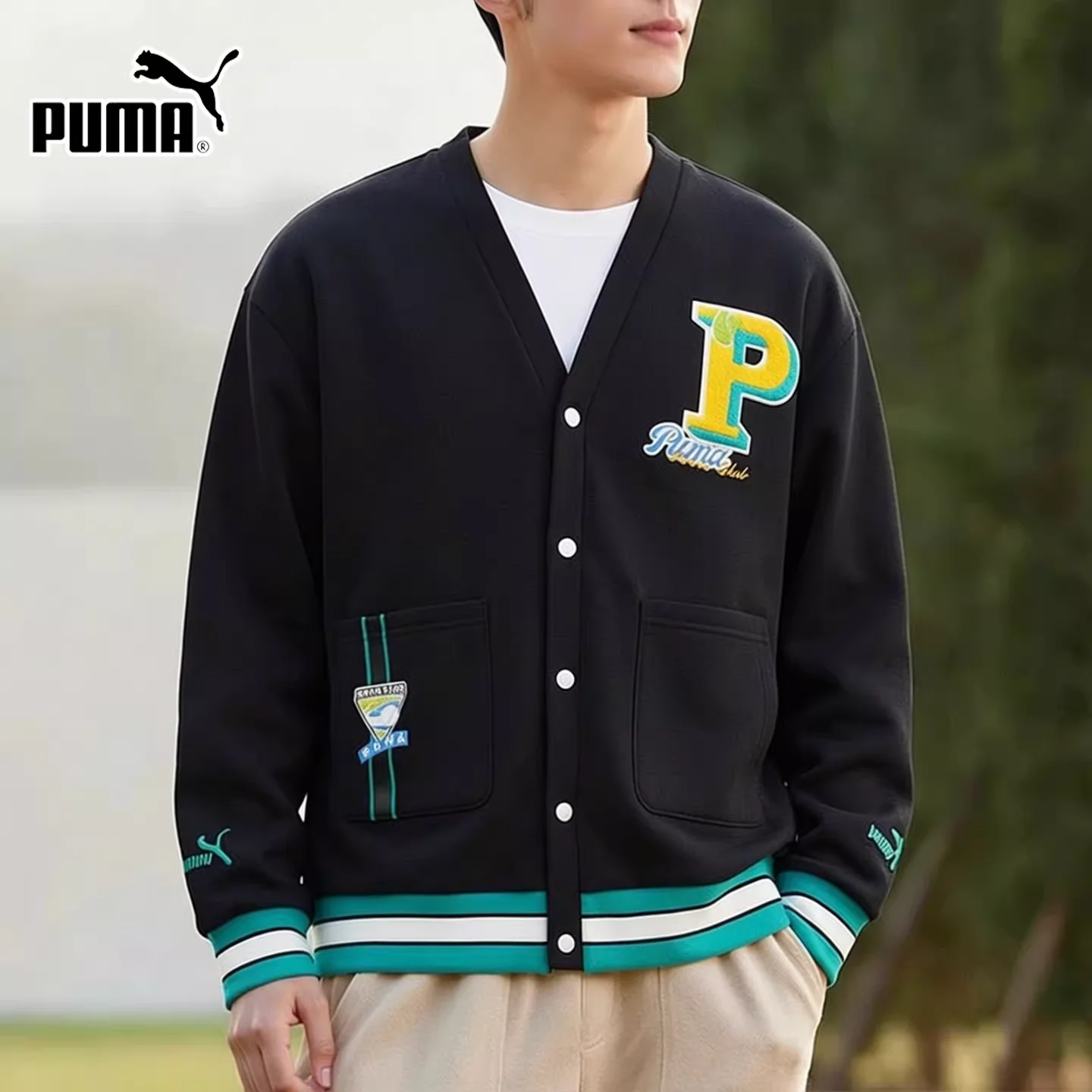 PUMA Men's V-Neck Badge Embroidered Jacket, Age-Reducing Knitted Casual Sports Jacket 625798-01-83F