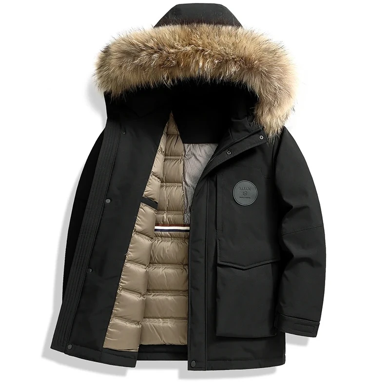 

Men's Heavy Duty Winter Workwear Parka with Detachable Raccoon Fur Hood 90 Percent Duck Down Warm Coat