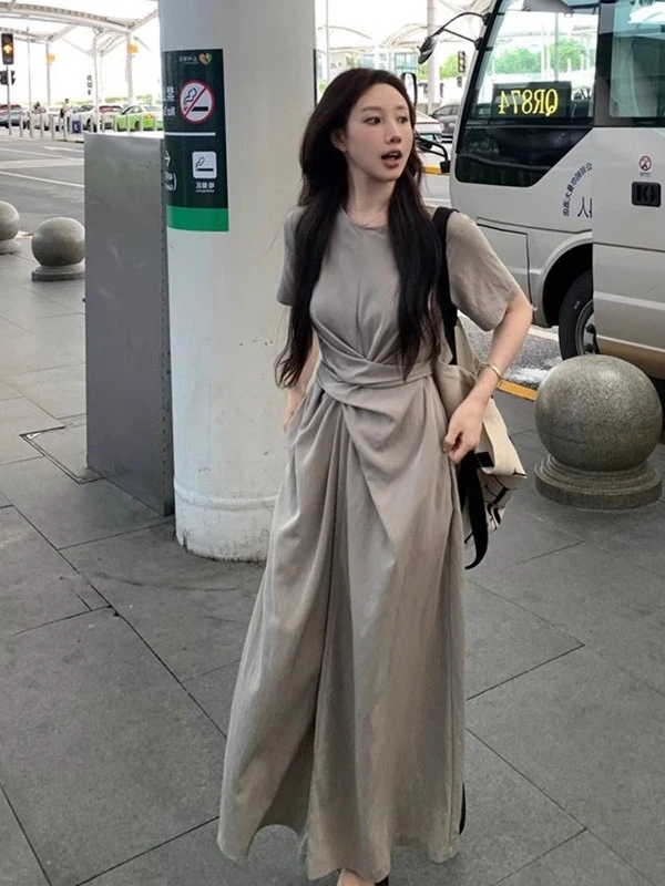 Cross-Banded Short-Sleeve Dress Women's Elegant Slimming A-Line Summer Dress Small-Batch Design Polyester Casual Wear