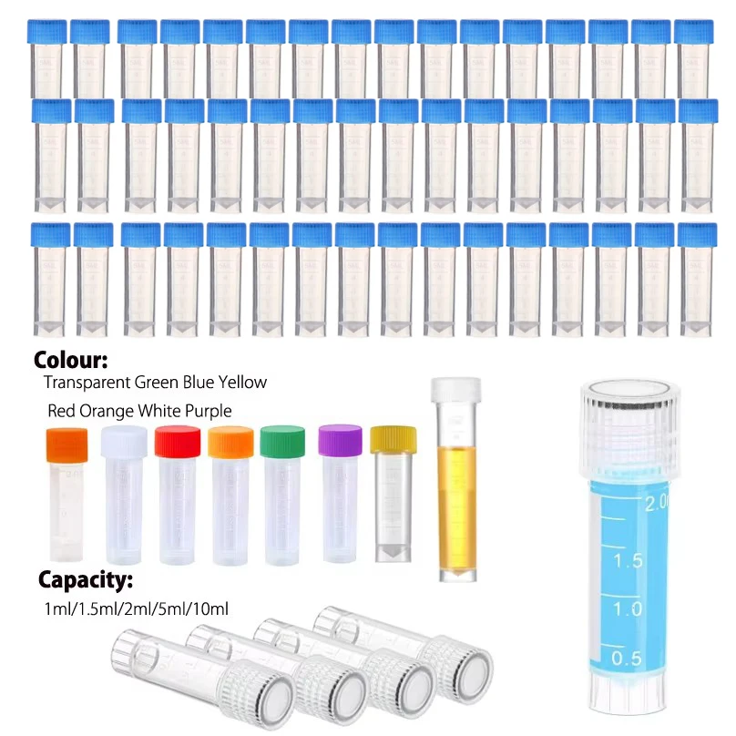 1-10ml Plastic Test Tubes Vials Sample Container Powder Craft Screw Cap Bottles for Office School Chemistry Supplies 30~100Pcs