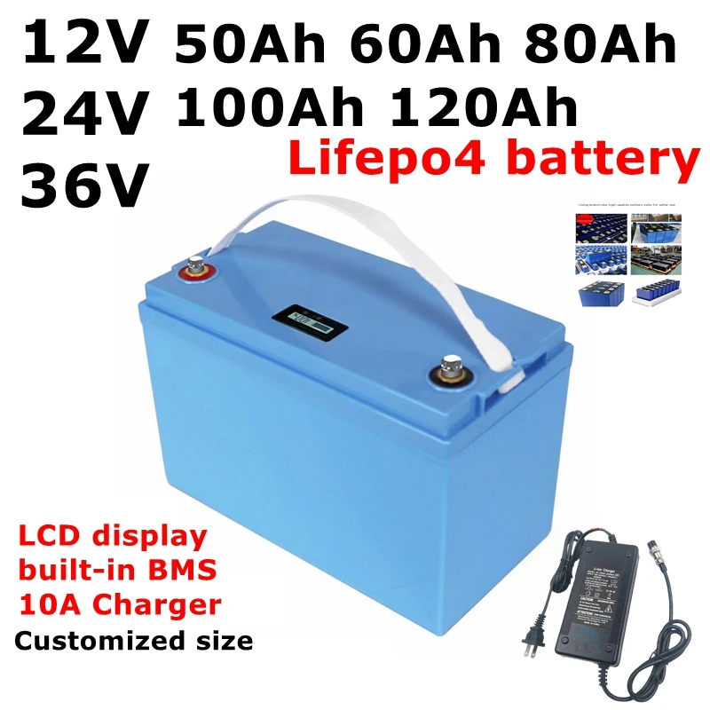 LT-Batterie Lifepo4 avec BMS, 12V, 24V, 36V, 40Ah, 50Ah, 60Ah, 80Ah, 100Ah, pour camping-car solaire, bateau Hurhome