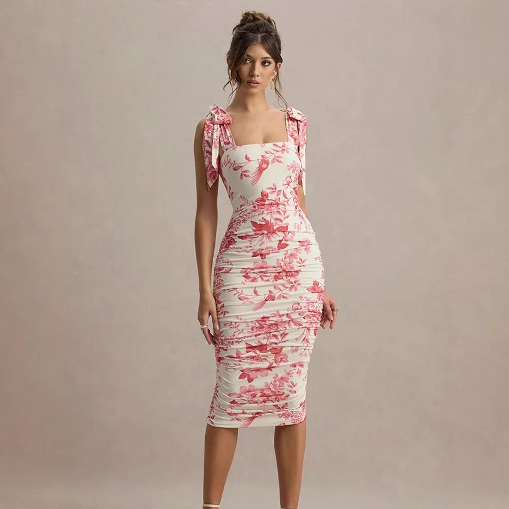 

Retro Printed Pleated Suspender Dress New Women's Summer Fashion Lace-up Chest Mid-length Dress Vestidos De Fiesta Elegantes